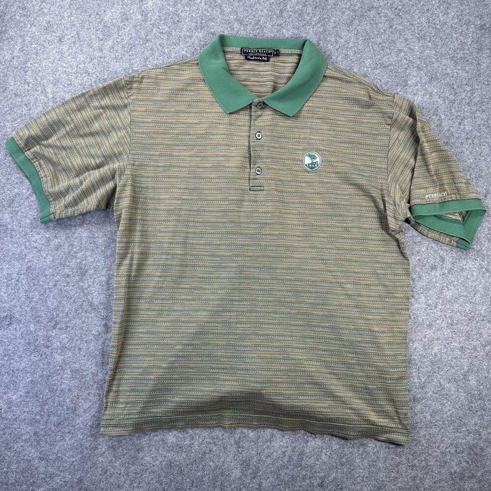 Pebble Beach Collection Polo Shirt Mens Medium Green Stripe Golf Italy 1919 Logo